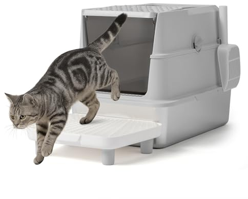 LEADZM Katzenklo, Geschlossene Katzentoilette aus Edelstahl, Große Katzentoilette Mit Katzenstreumatte und Katzenstreuschaufel, klassisches Grau
