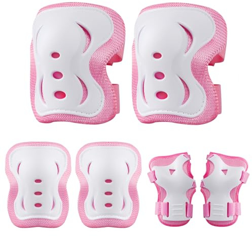 Plusawa Ginocchiere per bambini, gomitiere, polsiere, si illuminano al buio, set di attrezzi sportivi protettivi per skateboard, ciclismo, pattini a rotelle e attività all'aperto, 0-25 kg (Rosa, S)