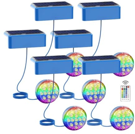 LED ATOMANT Confezione da 6 Luci magnetiche per piscina fuori terra LED solare 2,6W RGB IP68, Telecomando, Cavo 1m, Fissaggio con adesivo o viti, Luci per piscina subacquea, illuminazione impermeabile