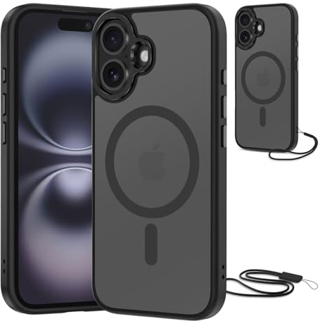 NEW'C Coque pour iPhone 16, Magnétique Compatible avec MagSafe - Noir | Coque + Cordon détachable, 6,1 pouces, Magnétique, Antichoc militaire, Aimants N56, Fin