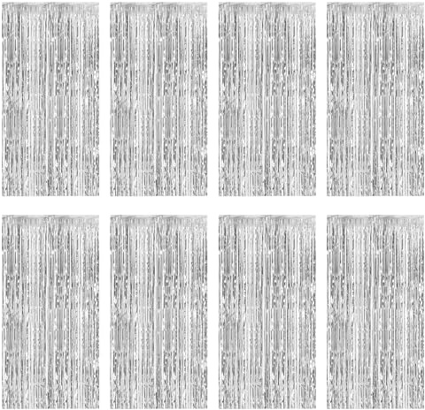 8 Stück Lametta Vorhang Silber 1x2M Metallische Glitzervorhang Geburtstag | Glitter Tinsel Curtains Hintergrund Fringe Folien Vorhänge für Geburtstage Hochzeit Bühnendekor Weihnachten Party