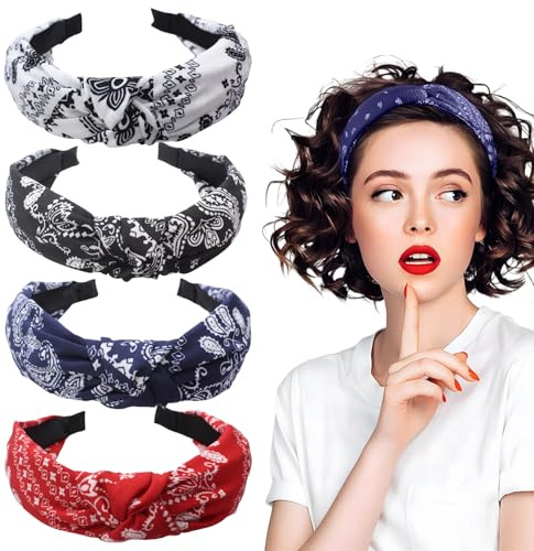 FULHANY 4 PièCes Serre TêTe Femme - Bandeaux Mode Pour Femmes - Bandeau De Roche Noué, Bandeau De Cheveux RéTro Plissé Accessoires, Rouge, Bleu Marine, Noir Et Blanc, Adapté à Diverses Coiffures
