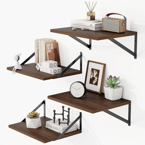 Juego de 4 estantes flotantes de nogal, almacenamiento de pared moderno de 16 pulgadas para decoración del hogar, cocina, sala de estar, dormitorio, solución elegante y de estanterías