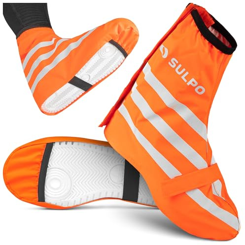 SULPO Copriscarpe impermeabili, antipioggia, per bicicletta e moto, con cerniera, riutilizzabili, taglie 35-47, arancione fluo, 45-47