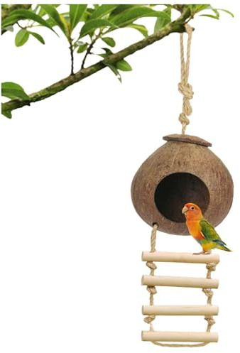 yqdnboi Caja nido resistente a la intemperie para pájaros pequeños, casa de pájaros natural de coco de cáscara de coco reciclada, comedero para pájaros hecho a mano como comedero para pájaros en