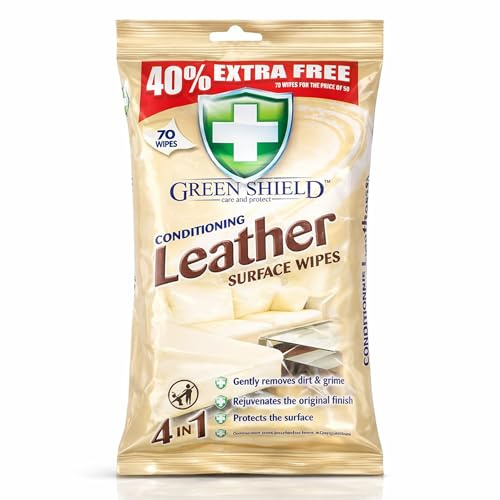 Green Shield Leather Cleaning Wipes 70 Pack – 4 in 1 Leather Surface Cleaner for Car Seats, Sofa & Furniture, Cleans, Nourishes & Protects Leather, Disposable Wipes for Home & Car Leather Care