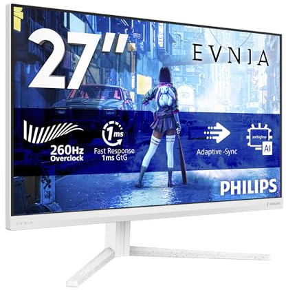 PHILIPS Evnia Gaming Monitor 27M2N5201P 27 pollici 1920x1080, FHD, 260Hz, Fast IPS Panel, 1ms GtG, Height Adjustment, (HDMI1x 2.0 DP 1x 1.4) HDR10, G-Sync Compatible Bianco