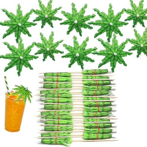 Ovanda 20 Stück Palmen Cocktailspieße 10 cm, Grüne Cocktail Deko Palme, Cocktailschirmchen Holzspieße, Getränke Deko für Hawaii Party, Sommerparty, Poolparty, Strandparty, Tiki Bar und Cocktailparty