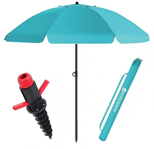 HOMEDEMO Parasol Plage Inclinable avec Revêtement Argenté, UV50+, avec Pieds de Parasol de Plage à hélice à Visser & Housse de Protection, pour Terrasse, Piscine, Marché, 200cm, Turquoise