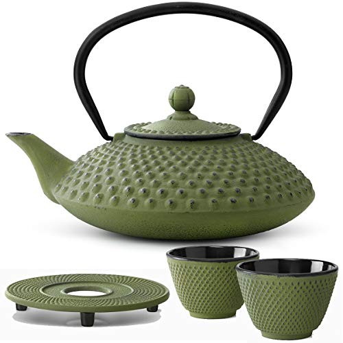 Bredemeijer Teekanne asiatisch Gusseisen Set grün 1.25 Liter mit Edelstahl Tee-Filter Sieb-Einsatz für losen Tee mit Stövchen und Teebecher (2 Tassen)