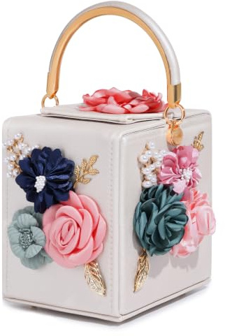 Milisente Damen Abend Clutch-Bag für Floral Square Box-Abend-Beutel Crossbody Schulter Handtaschen Blumen-Hochzeit Kupplungs-Geldbeutel Mittel Beige