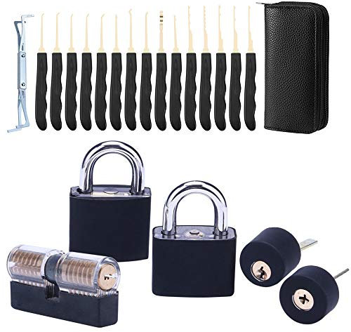 Loboo Idea Kit de crochetage de serrure 24 pièces + 5 serrures transparentes d'entraînement et d'entraînement avec étui noir pour crochetage de serrure/débutant et serrurier professionnel