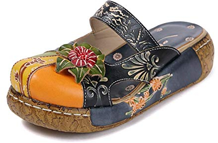 Unbekannt Damen Mokassins Slipper, Ledersandalen Plateauschuhe Sommerschuhe Vintage Backless Clogs Bunte Blume Flache Schuhe Dicker Boden Strandschuhe Blau Größe: 5 UK