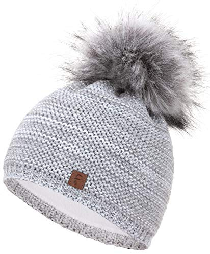 Faera Wintermütze Mütze Damen warm gefüttert Kunstfell Bommel Bommelmütze Fleecefutter Winter Strickmütze Beanie Mütze 31