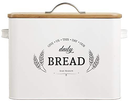 Baie Maison Extra Large White Farmhouse Bread Box for Kitchen Countertop - Breadbox Holder Fits 2+ Loaves - Bread Storage Container Bin - Rustic Bread Keeper Vintage Metal Kitchen Decor for Counter