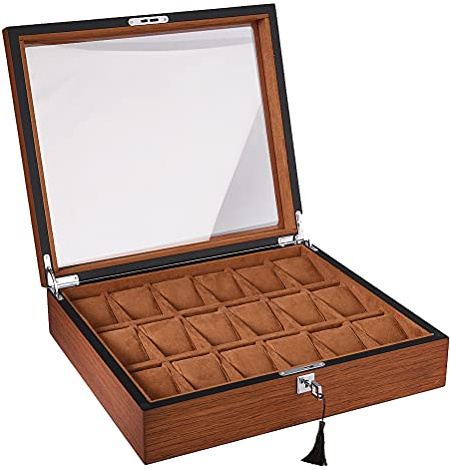 ACMHNC Uhrenbox Holz 18 Uhren Organizer Herren Uhrenkasten Abschließbare Uhrenkoffer mit Glasfenster und Abnehmbare Kissen Schmuck Uhren Aufbewahrung Box