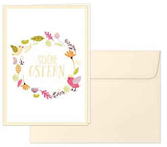 Osterkarten, Grußkartenset „Schöne Ostern“ – 10 Klappkarten im Pastell-Stil mit elfenbeinfarbenen Umschlägen, Design: Osterkränzchen