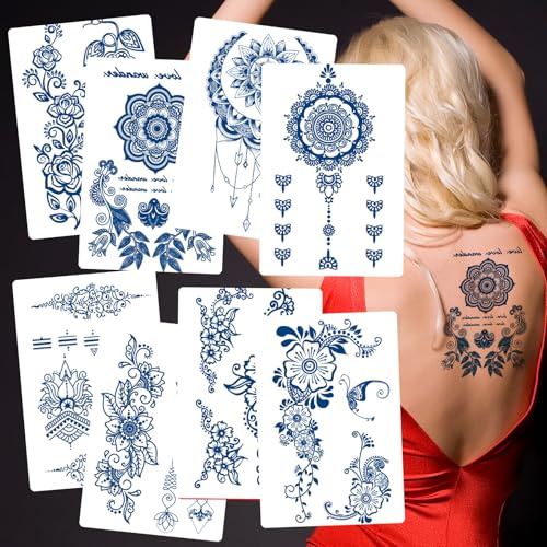 Kotbs 8 Sheets Semi Permanent Henna Tattoo Stickers for Women Girls Adults – Waterproof Long Lasting 7-14 Day Temporary Tattoos with Realistic Look – Fades Naturally with Plant-Based Ink
