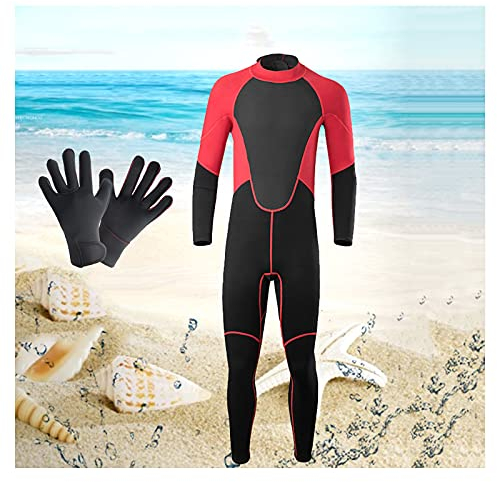 HGYJ Herren 2mm Neopren Neoprenanzug,Einteilige Langarmhose Super elastisch Tauchanzüge+ Neoprenhandschuhe,zum Angeln/Schnorcheln/Surfen.,Red,S