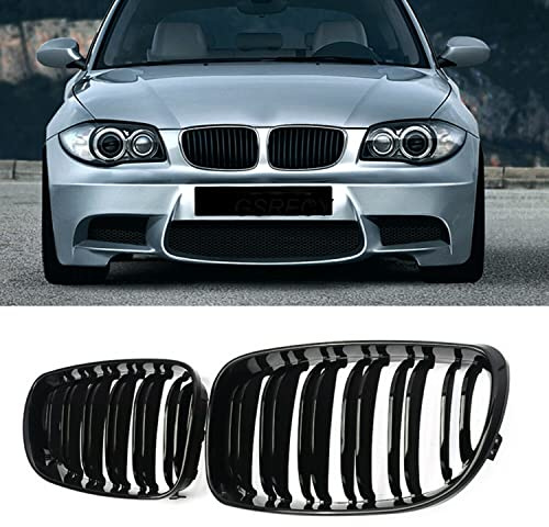 GSRECY Gloss Black Dual Slat Front Bumper Sport Kidney Grill Grille Compatible with BMW 2007-2013 1 Series E81 E82 E87 E88 Lci