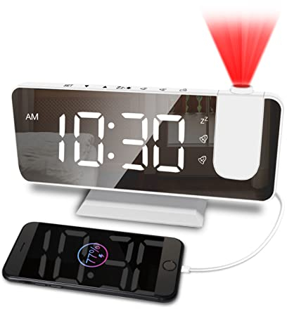 CENTOLLA Projector Alarm Clock For Bedroom,7.4 inch Large Projection Alarm Clock with 180°Projector, USB Charger, Dimmer, Projector Clock for Bedroom Desk Decor（Plug not Included）