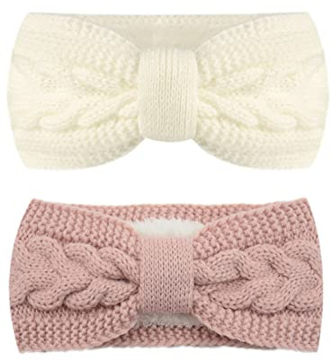 2 pièces Bandeaux Pour Cheveux Femme, Serre Hiver avec Doublure en Peluche, Cache-Oreilles Élastiques Turban Wraps pour Sport Fitness Course (Blanc+Rose)Bandeau