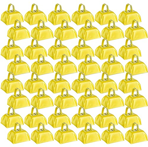 Yeshone 48 Pcs Metal Cowbells with Handles Loud Noise Makers Small Hand Percussion Cowbells for Football Events, Wedding, Graduation Team Cheering(Yellow)