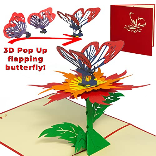LINPOPUP® Pop-Up Karte Blume – bewegtern Schmetterling - 3d Karte - Grußkarte zum Muttertag, Geburtstag, Geschenkkarte für Mama, Freundin, Große Karte
