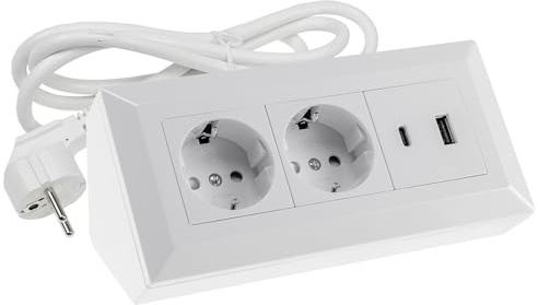 ChiliTec Steckdosenblock Ecksteckdose 2-Fach Schutzkontaktsteckdose USB-A USB-C PD mit 1,5m Kabel Weiß