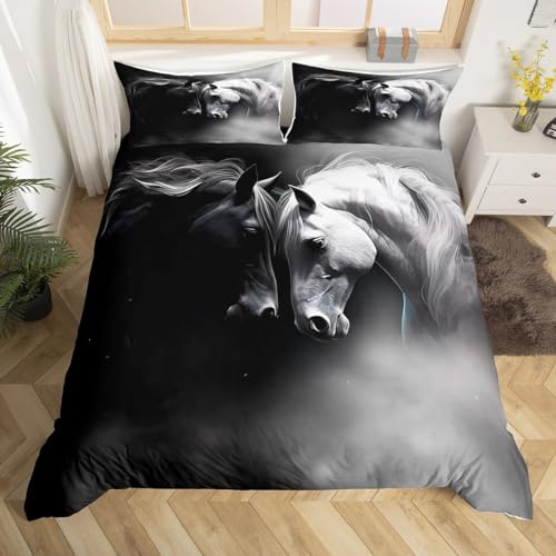 Erosebridal Horse Bedding Set for Girls Boys Couples, Black White Horses Duvet Cover King Size Wildlife Animal Pattern Comforter Cover Watercolor 3D Wild Animal Oil Print Bedspread Cover 3Pcs