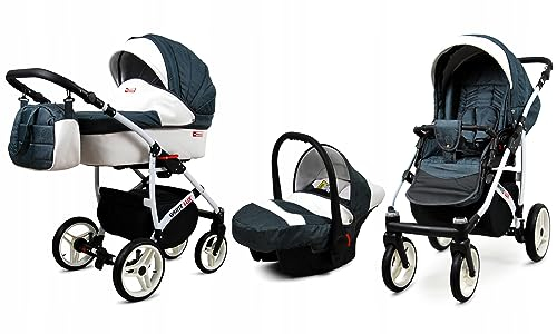 BabyLux® Bambini Passeggino Completo Set 3 in 1 - White Lux - incl. Navicella, Canna, Seggiolino Auto - Carrozzina Neonati Sistema Combinato - con Borsa fasciatoio, Copertura antipioggia ecc.