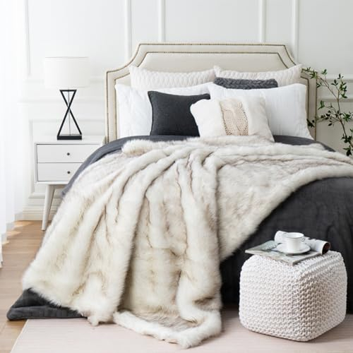Kunstfelldecke,Hochwertige Wohndecke,Sofadecke,Felloptik Tagesdecken,Couchdecke,Super Weich & Warme Decke für kalte Nächte,130x170 cm - Weiß