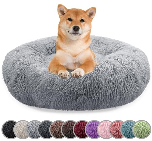 bluzelle Hundebett für Mittelgroße Hunde, 80cm Hundekissen Rund Donut Kissen Hundekorb Flauschig Plüsch, Ergonomisch Bezug Waschbar rutschfest Weich Kunstfell, Farbe:Hellgrau