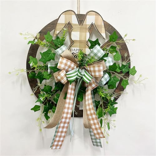 EXQUILEG Osterdeko, Handgemachter Osterkranzzum Aufhängen, Rattan Deko Kranz, Türkranz Frühling Ostern mit Hase und Blumen (Hase mit Schleife)
