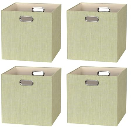 BinWhiz Faltbare Leinen-Aufbewahrungswürfel, 4er Set, 33 x 33 x 33 cm, Dekorative Aufbewahrungsbox für Regale, Schrank, Bücherregal, Schrank, 2 Griffe, Ordnungsboxen, Faltbox (Gelblich)
