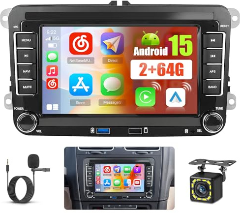 Hikity 2+64G Android Autoradio für VW Golf 5 Golf 6 Skoda Polo Passat Tiguan Touran Wireless Carplay Android Auto, 7 Zoll Autoradio mit Bildschirm Navi Bluetooth EQ FM/RDS USB Rückfahrkam