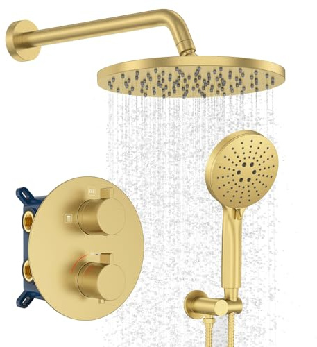 Iriber Thermostatic Shower System Wall Mount with 10 Inch Roud Rainfall Shower Head and Handheld,Shower Faucet Mixer Trim Kit (Valve Included),Brushed Gold