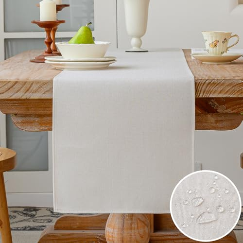 Vorysum Tischläufer Modern Tischläufer Wasserabweisend Leinen，Tischläufer Abwaschbar，Dekoration Tischdecke Outdoor Sommer Garten für Hochzeit Esszimmer Party Urlaub (Weiß, 40 x 140 cm)