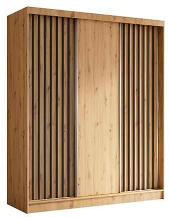 Margaret Hadas24 Kleiderschrank Erika mit Lamellen ohne Spiegel, Organizer, Mehrzweckschrank, Schwebetürenschrank, Garderobenschrank, Kleiderstange, Kleiderständer, Flurschrank, 180 cm, braun, schwarz