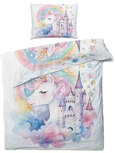Générique Housse de Couette 140x200 Licorne Arc en Ciel - Parure de Lit 1 Personne Reversible Motif Fille avec Fermeture éclair - Ensemble de Literie en Microfibre Douce avec Taie d'oreiller O&-14