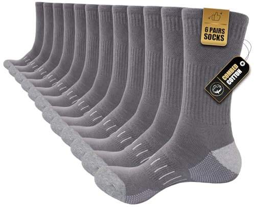 Stoeury Cushioned Mens Socks, Cotton Mens Work Socks, Crew Walking Socks Womens Mens, 6 Pairs Athletic Sports Socks for Running Outdoor Hiking Cycling, Grey, 9-11