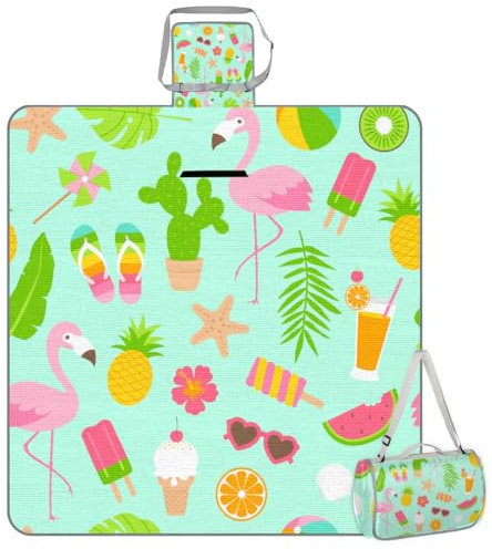 Mularoka Picknickdecke mit Sommer-Flamingo-Muster, wasserdicht, sanddicht, faltbar, Stranddecke, 150 x 145 cm, extra groß, tragbar, waschbar, Outdoor-Matte für Camping, Park, Gras, Wandern, Reisen