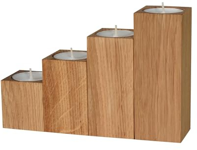 GoodFreshDecor Kerzenständer Set 4 Stück Teelichthalter Mit Kerzen Teelichter Kerzenhalter Aus Holz Holzdeko Kerzenuntersetzer Eichenholz Geölt Rustikal Boho