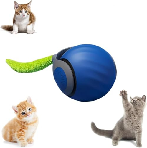 Rechargeable Interactive Cat Toy Ball, Automatic Electric Moving Cat Toy Ball for Indoor Cats, Smart USB Rechargeable, Two Speed Adjustment with Replacement Tail (Blue)