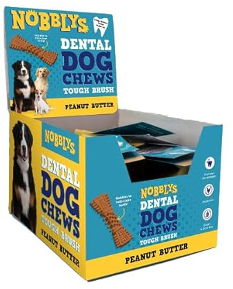 Nobblys Tough Brush Peanut Butter Dental Chews, 25g (50-Pack) | Natural Vegetarian Chews, Gluten & Grain Free, Low Fat, Freshens Breath, Healthy Dog Treat
