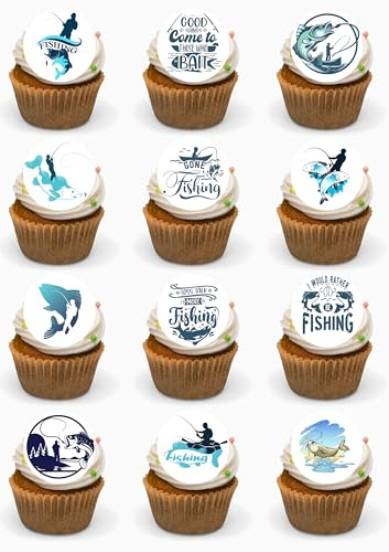 Fishing Cupcake Toppers Happy Birthday Cupcake Decoration Colorful Gone Fishing Cake Decor Fishman Fishing Pole theme for Men Women Children 24 Precut Edible Cupcake Toppers Premium Wafer Card