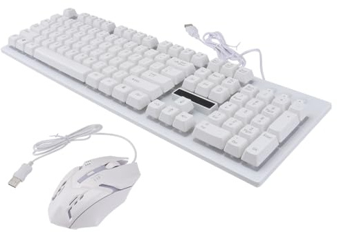 Ensemble Clavier et Souris de Jeu Filaires USB 104 Touches, Blanc | 4 Touches Souris, Design sans Conflit, Finition Plastique Résistante, Éclairage Lumineux