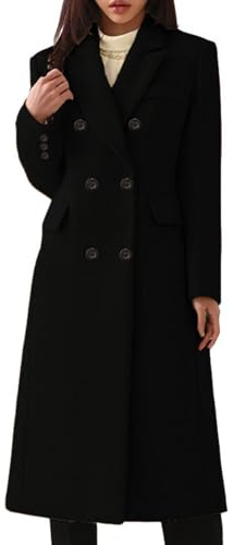 Generisch Casual Long Double Breasted Solid Wool Coat with Pockets Wool Coat Jogging Women Black
