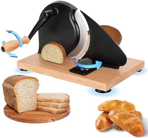 Cortador de pan manual, hoja de acero inoxidable, grosor ajustable de 0 a 0.8 pulgadas, diseño clásico de manivela, ideal para rebanar pan en casa