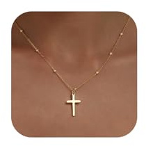KISSCLOUD Cross Necklace for Women Dainty 14K Gold Plated Simple Cross Pendant Beaded Chain Christian Religious Baptism Faith Charm Trendy Fashion Jewelry Gift